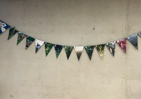 Eine Wimpelkette im PRIMAKLIMA-Design hängt an einer Wand.